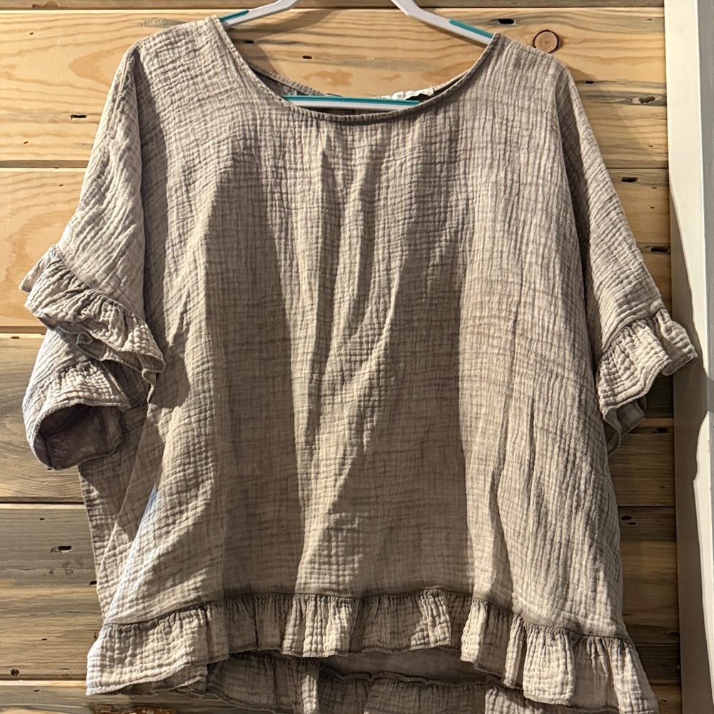 Relaxed Ruffle-Hem Women's Tunic Top in Taupe